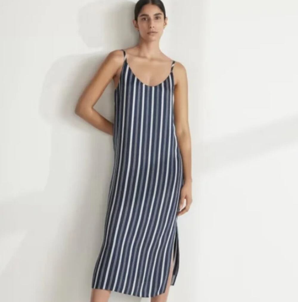 Everlane SZ 2 The Hammered Satin Slip Dress Blue Bone NWT $128 Relaxed Fit Midi